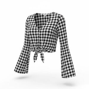 Black and White Gingham Bell Sleeve Cropped Blouse